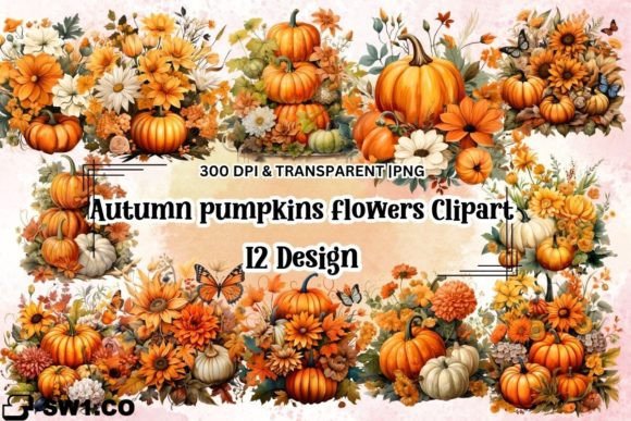 Download Autumn Pumpkins with Flowers Clipart - Premium Resources