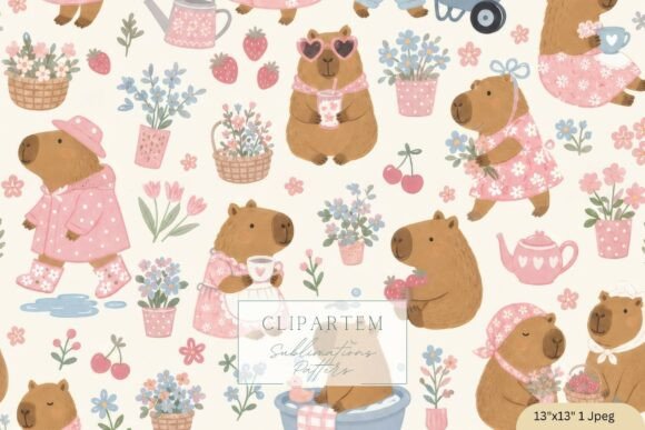 Download Cottagecore Capybara Seamless Pattern - Cottagecore Collection